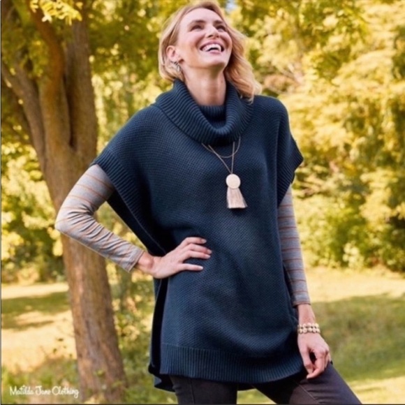 Matilda Jane Teal Ribbed Cowl Neck Poncho Sweater - Picture 1 of 10